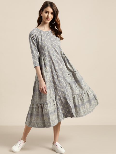 

Sangria Women Grey & Golden Khari Printed Tiered Cotton Flared Dress