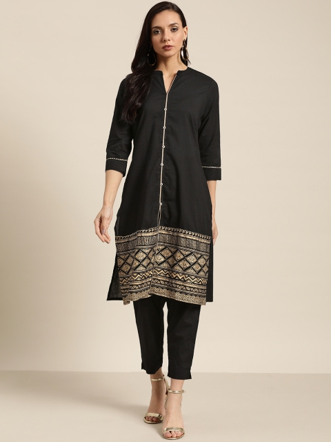 

Sangria Women Black & Golden Pure Cotton Ethnic Motif Print Kurta with Trousers