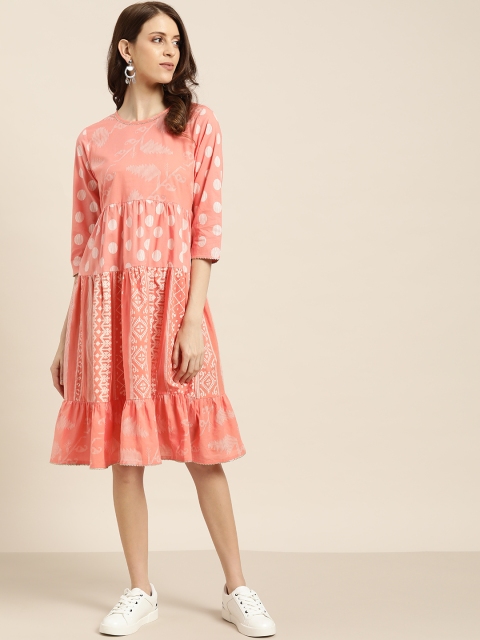 

Sangria Women Pink & Beige Printed Tiered A-Line Dress