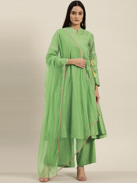 

Sangria Women Green & Pink Embroidered Kurta with Palazzos & Dupatta