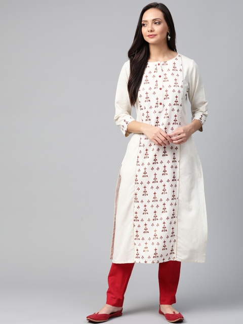 

Sangria Women Off-White & Maroon Ethnic Motif Print Straight Kurta