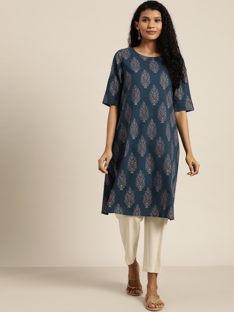 

Sangria Women Navy Blue & Grey Printed Straight Kurta