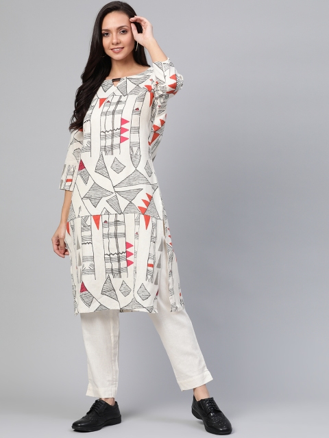 

Sangria Women Off-White & Black Printed Kurta with Trousers