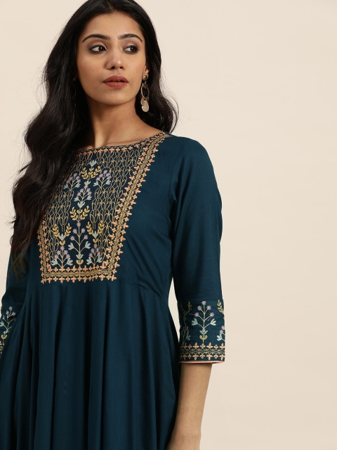 

Women Teal Blue Yoke Design Kurta With Churidar
