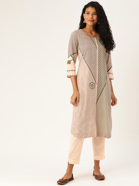 

Sangria Women Peach-Coloured & Grey Checked Kurta with Trousers