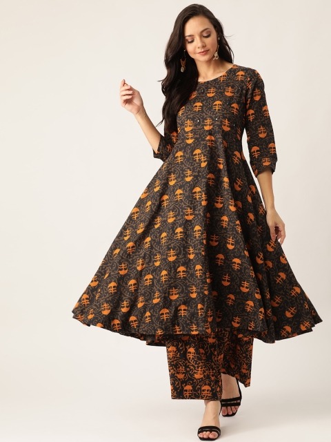 

Sangria Women Black & Orange Anarkali Printed Kurta with Palazzos