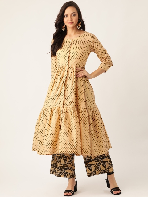 

Sangria Women Beige & Black Printed Tiered Kurta with Palazzos