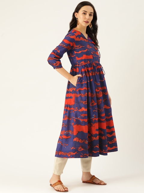 

Sangria Women Blue & Orange Abstract Print Angrakha Design Kurta