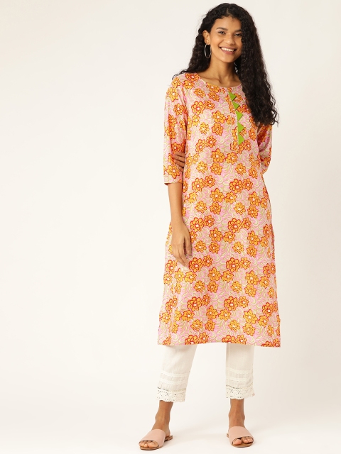

Sangria Women Pink & Mustard Yellow Floral Print Straight Kurta