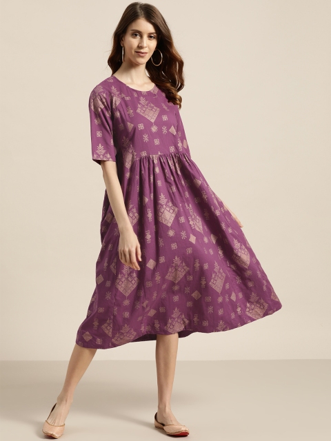 

Women Voilet Color Dull Gold Khari Printed Flared Dress, Purple