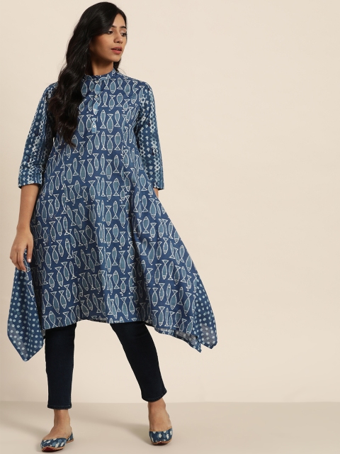 

Sangria Women Navy Blue & Off-White Fish Print A-Line Kurta
