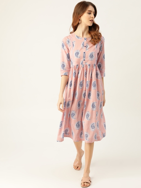 

Sangria Women Pink & Navy Blue Printed A-Line Dress