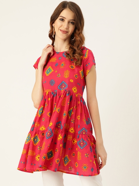 

Sangria Women Coral Pink & Blue Printed Tiered A-Line Top