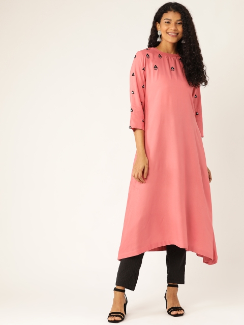 

Sangria Women Coral Pink & Black Mirror Work Embroidered Yoke Asymmetric A-Line Kurta