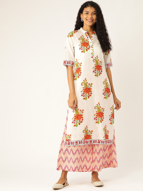

Sangria Women White & Orange Printed Kurta with Palazzos