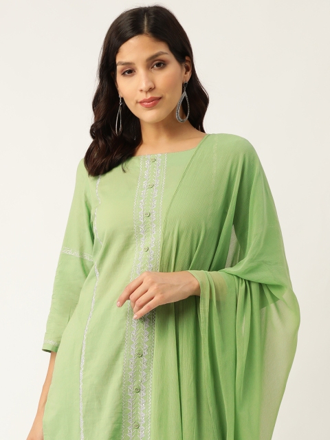 

Sangria Women Green & Silver Zari Embroidered Straight Kurta with Palazzos & Dupatta
