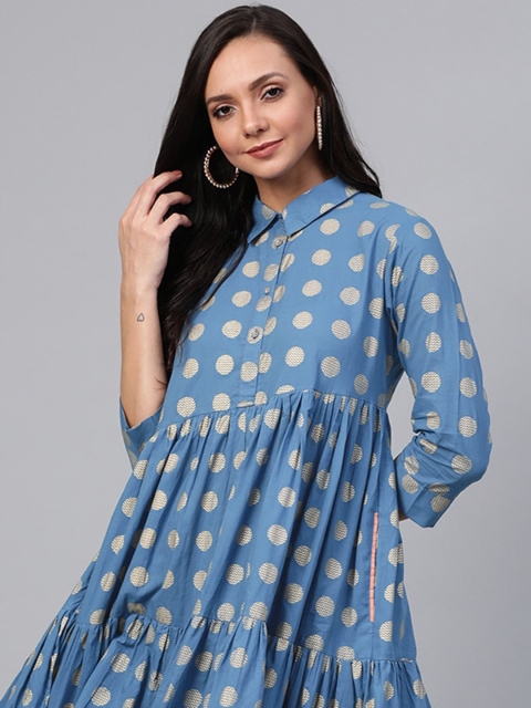 

Sangria Women Blue & Golden Khadi Print Tiered Shirt Dress