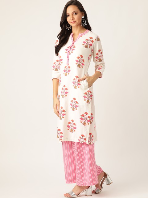 

Sangria Women White & Pink Ethnic Printed Kurta with Palazzos
