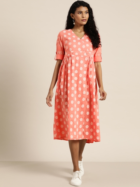 

Sangria Women Peach-Coloured & Off-White Polka Dot Print Wrap Dress