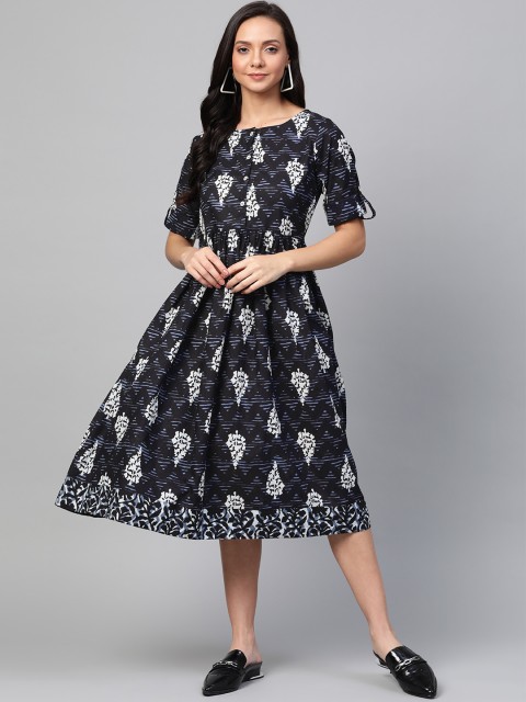 

Sangria Women Black Printed Midi A-Line Dress