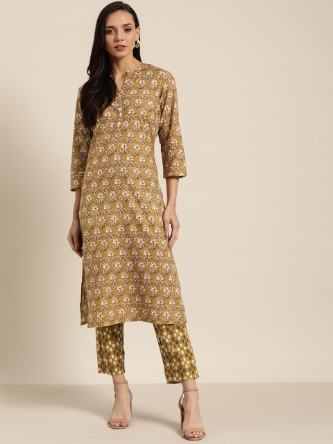 

Sangria Women Olive Green & White Pure Cotton Floral Block Print Kurta with Trousers