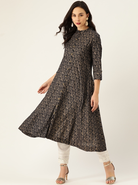 

Sangria Women Navy & Golden Khari Print Flared Anarkali Kurta, Navy blue