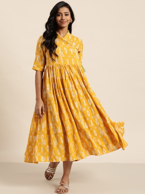 

Sangria Women Mustard Yellow & White Ikkat Printed Wrap Dress