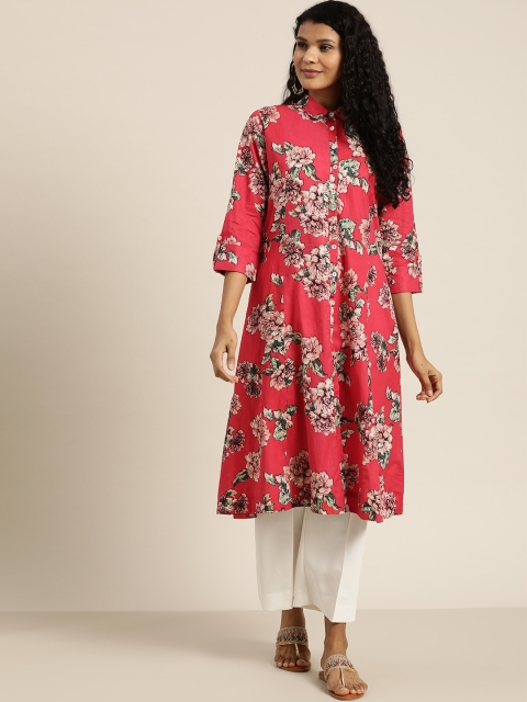 

Sangria Women Coral Red & Green Floral Print A-Line Kurta
