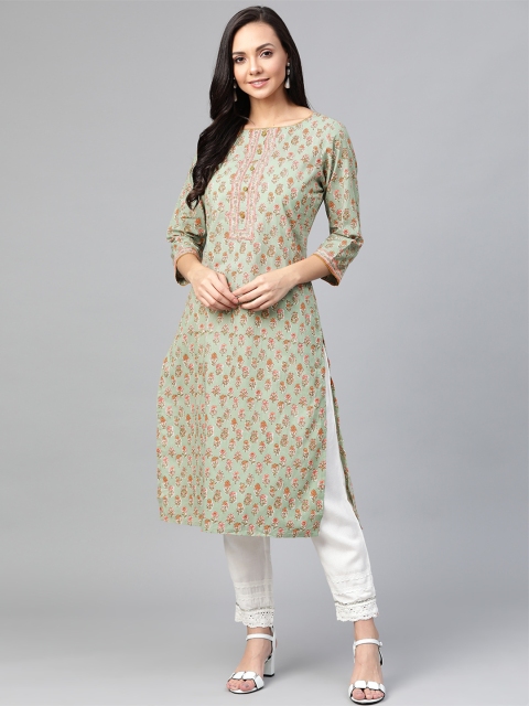 

Sangria Women Green & Pink Printed Straight Kurta