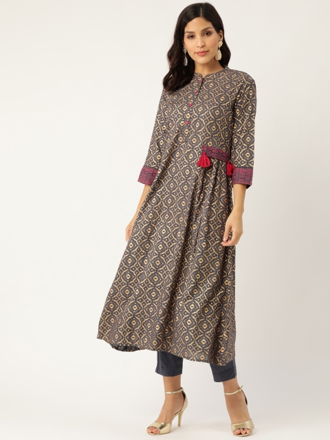 

Sangria Women Grey & Golden Printed Kurta with Trousers