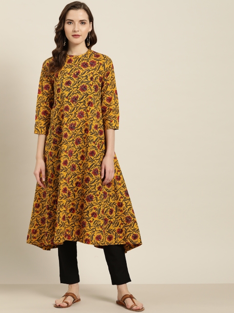 

Sangria Women Mustard Yellow & Red Block Print A-Line Kurta