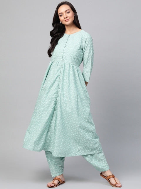 

Sangria Women Green & White Printed Layered Kurta with Salwar