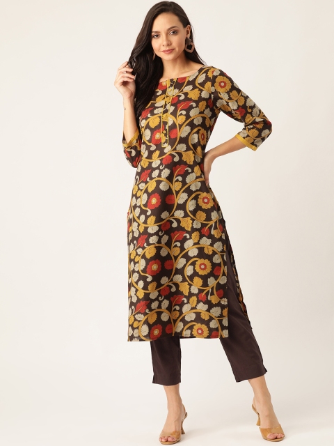 

Sangria Women Coffee Brown & Yellow Printed Kurta with Trousers
