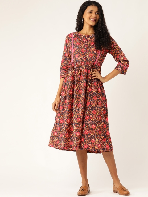 

Sangria Women Navy Blue & Pink Floral Printed A-Line Dress