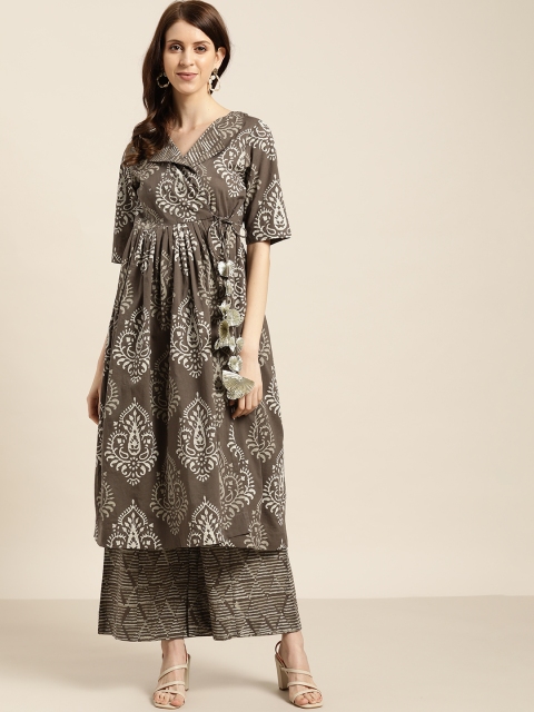 

Sangria Women Charcoal Grey & White Bagru Printed Kurta with Palazzos