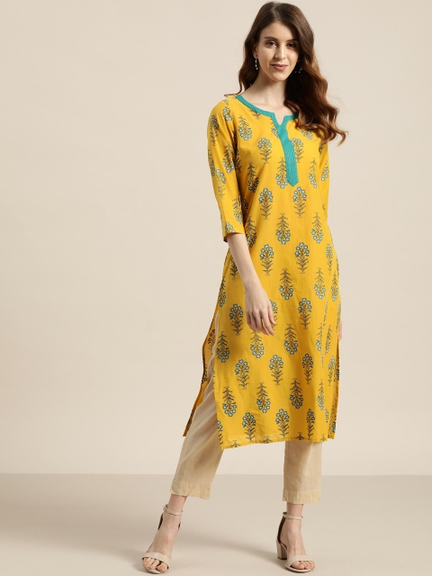 

Sangria Women Mustard Yellow & Blue Printed Straight Kurta
