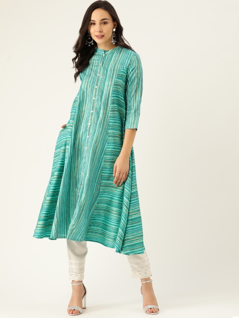 

Sangria Women Turquoise Blue & Green Khari Print Flared Kurta