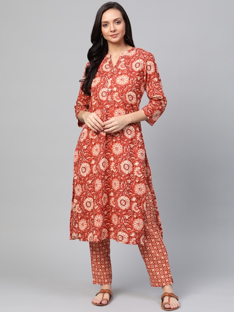 

Sangria Women Rust Orange & Cream-Coloured Floral Print Kurta with Trousers