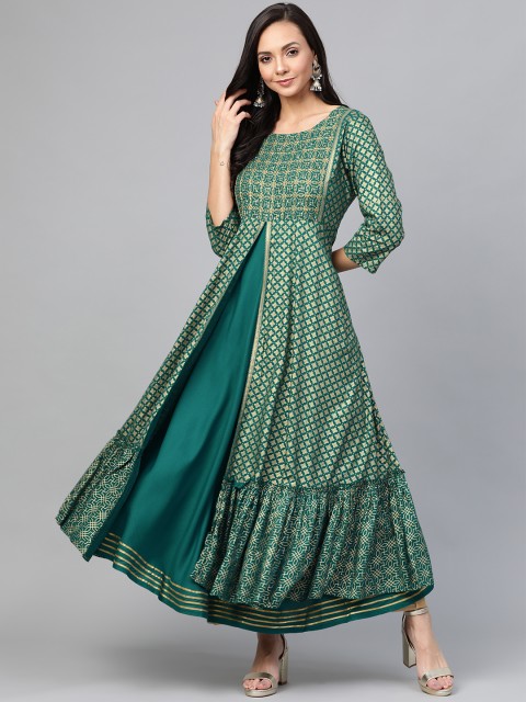 

Sangria Women Green & Golden Printed Layered Anarkali Kurta