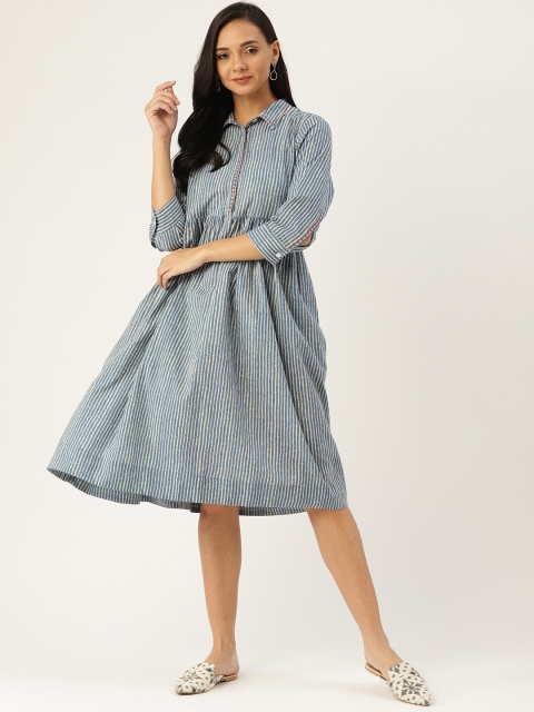 

Sangria Women Blue & Off-White Striped Shirt Dress