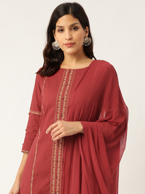 

Sangria Women Rust Red & Golden Zari Embroidered Straight Kurta with Palazzos & Dupatta