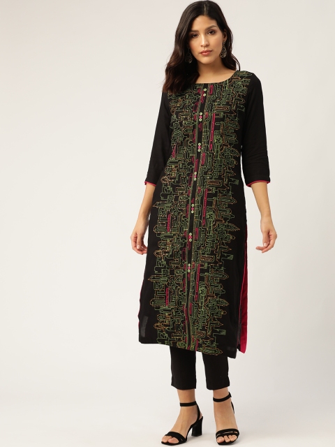 

Sangria Women Black & Green Embroidered Straight Kurta