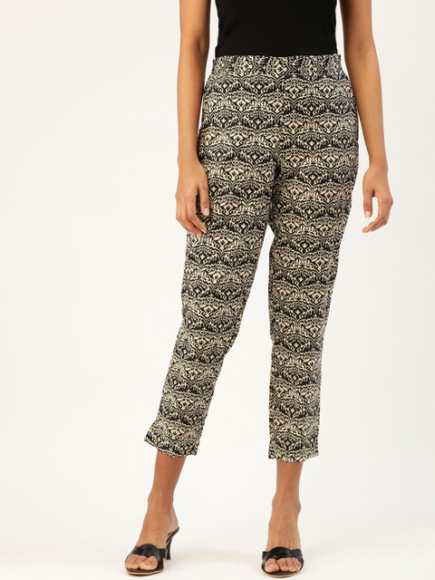 

Sangria Women Cream-Coloured & Black Regular Fit Printed Trousers