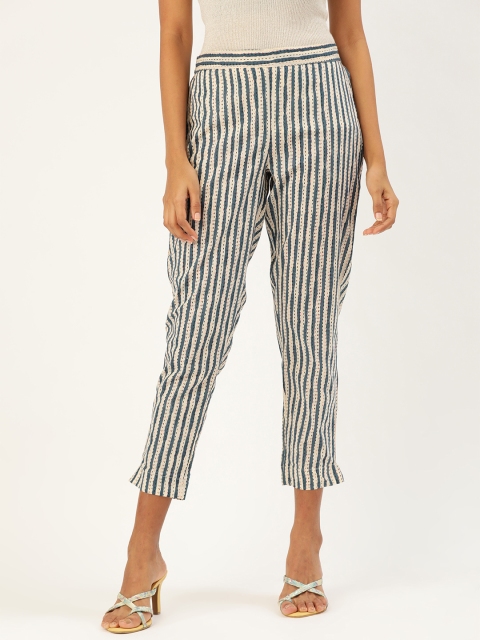 

Sangria Women Cream-Coloured & Navy Blue Regular Fit Striped Trousers