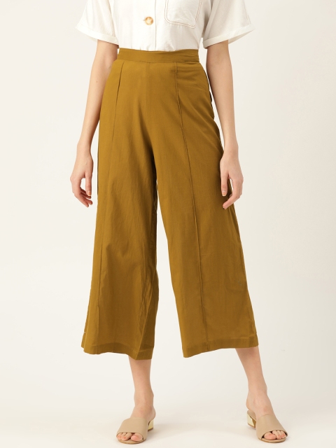Women Mustard Brown Solid Straight Cropped Palazzos