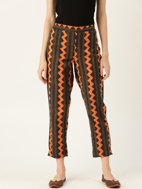 

Sangria Women Olive Brown & Orange Regular Fit Bagru Printed Cropped Sustainable Trousers