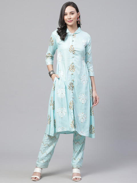 

Chhabra 555 Women Blue & Golden Khari Print Made to Measure Kurta Set