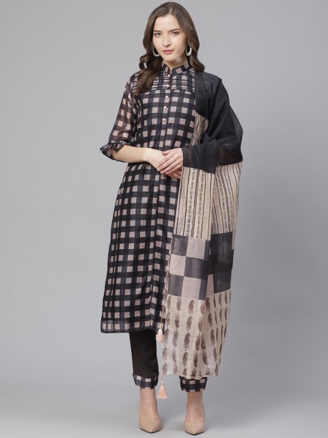 

Chhabra 555 Digital Handloom Checked Unstitched Dress Material With Maheshwari Dupatta, Black