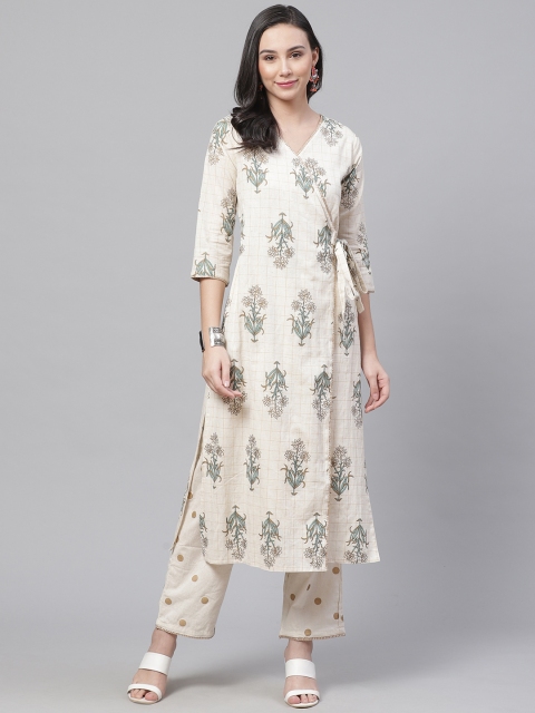 

Chhabra 555 Women Beige & Blue Made to Measure Printed Kurta with Trousers