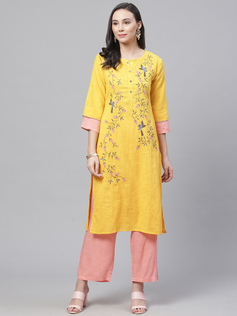 

Chhabra 555 Women Mustard Yellow & Coral Pink Made to Measure Embroidered Kurta & Palazzos